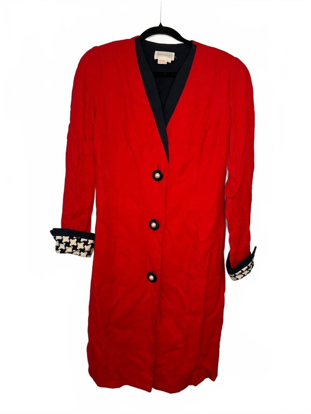 1980’s Vintage David Warren Red Longline Coat Jacket Houndstooth Cuffs Size 8